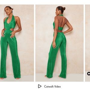 Green Plisse Halterneck Side Cut Out Plunge Jumpsuit